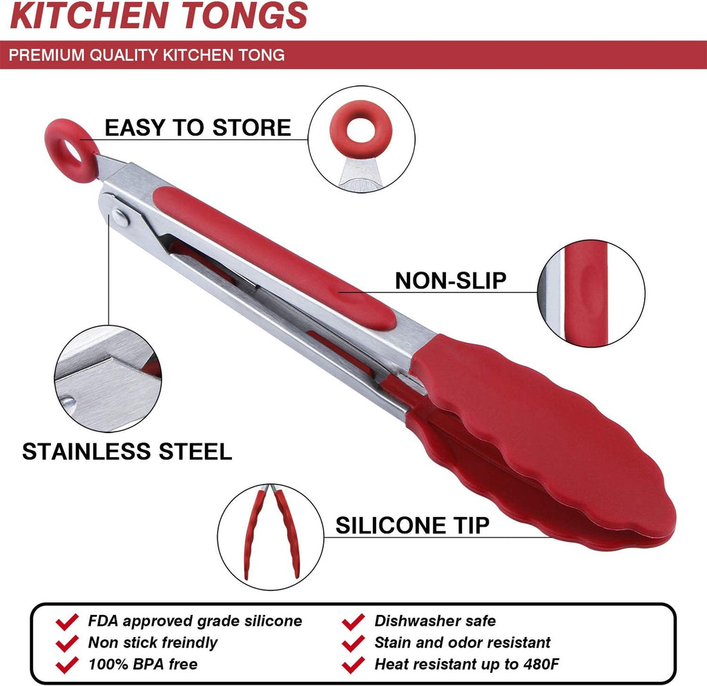 MSY BIGSUNNY Kitchen Food Tongs - 7" Mini Silicone Serving Tongs - Set of 3 (Red)